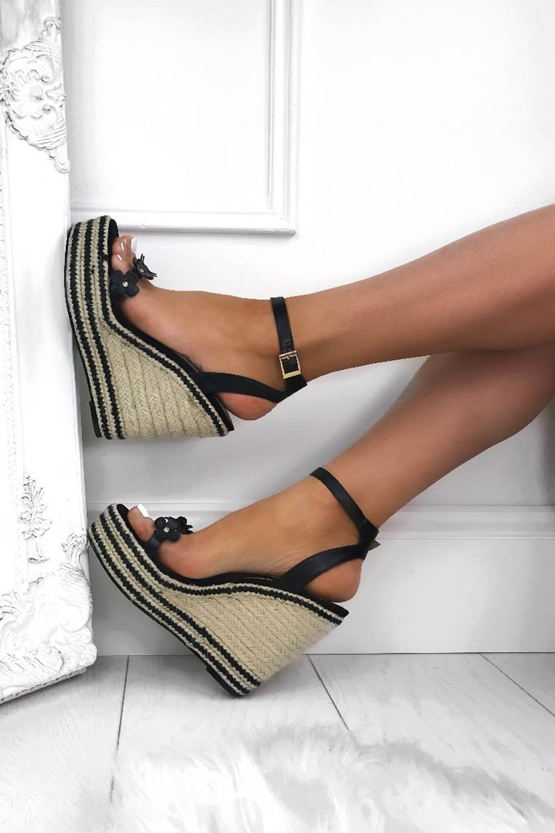 Farrah Black Daisy Espadrille Wedges