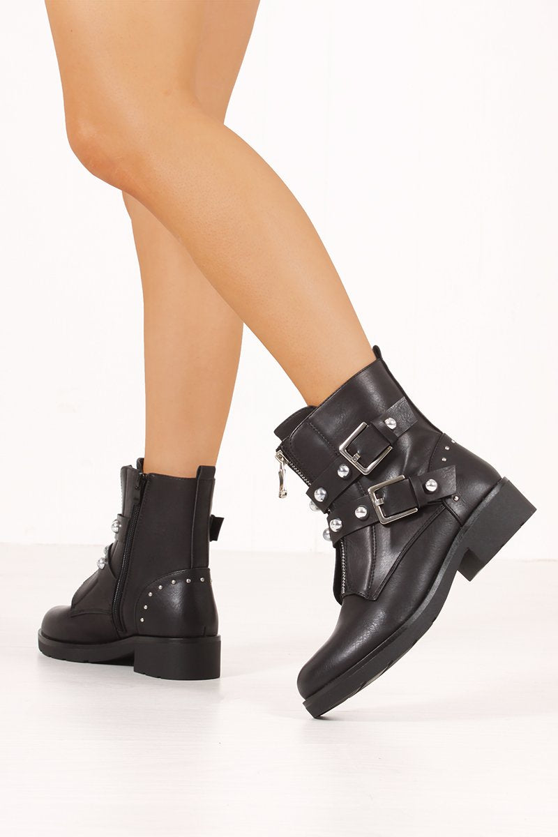 Fiona Black Buckle Strap Silver Stud Zip Front Ankle Boots