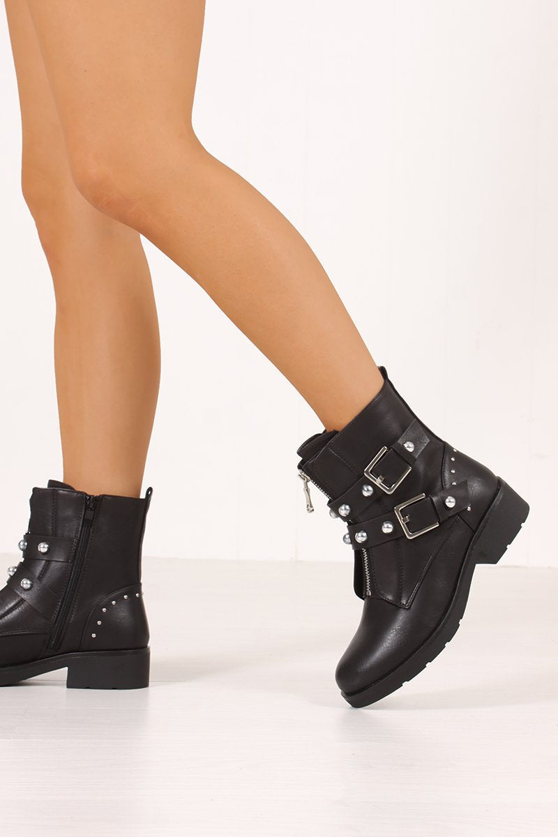 Fiona Black Buckle Strap Silver Stud Zip Front Ankle Boots