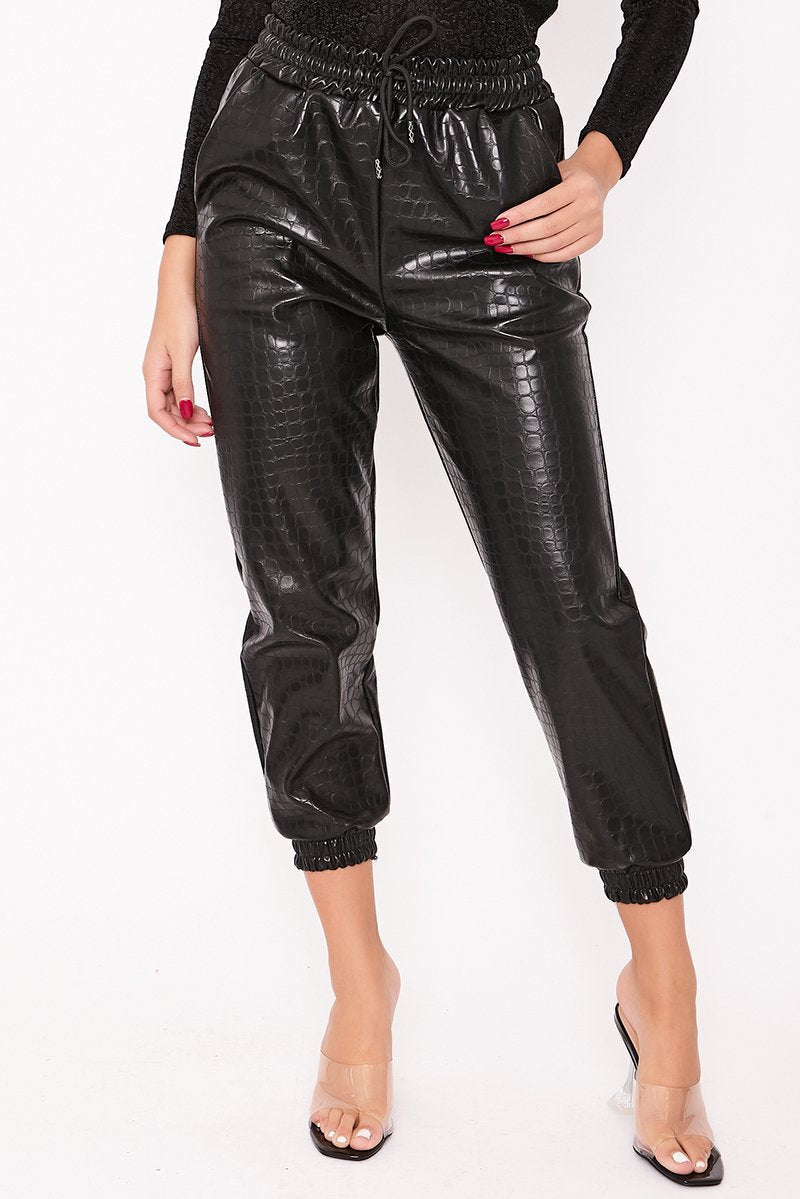 Fleur Black Croc Faux Leather Cuffed Joggers