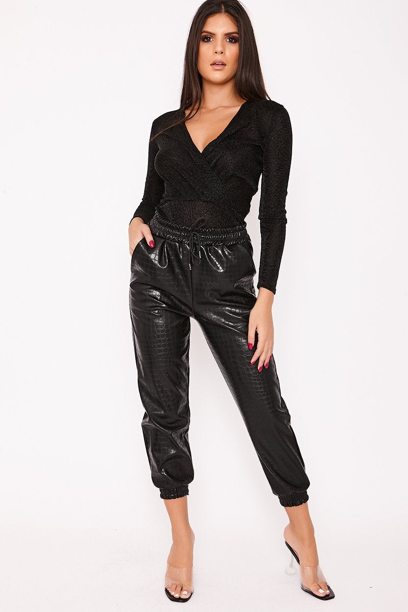 Fleur Black Croc Faux Leather Cuffed Joggers