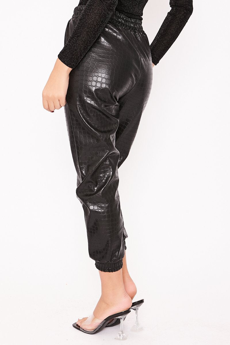 Fleur Black Croc Faux Leather Cuffed Joggers