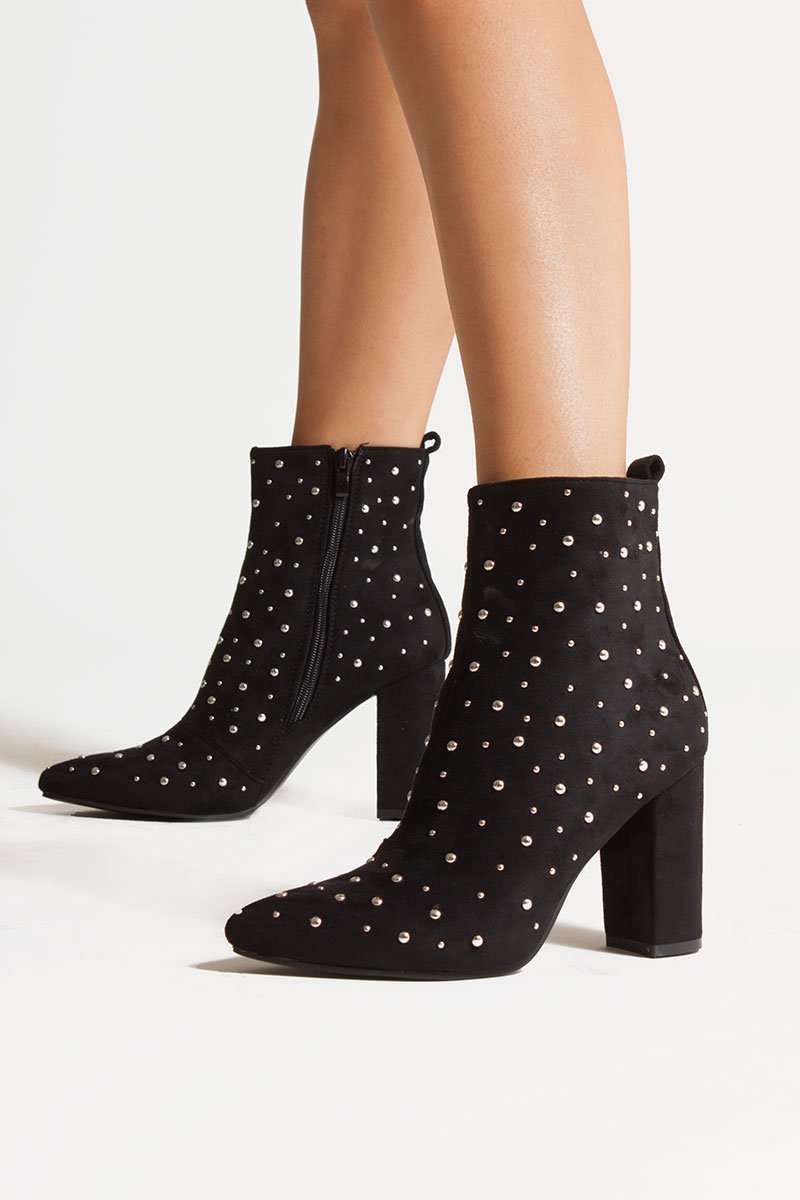 Fleur Black Faux Suede Studded Heeled Ankle Boots