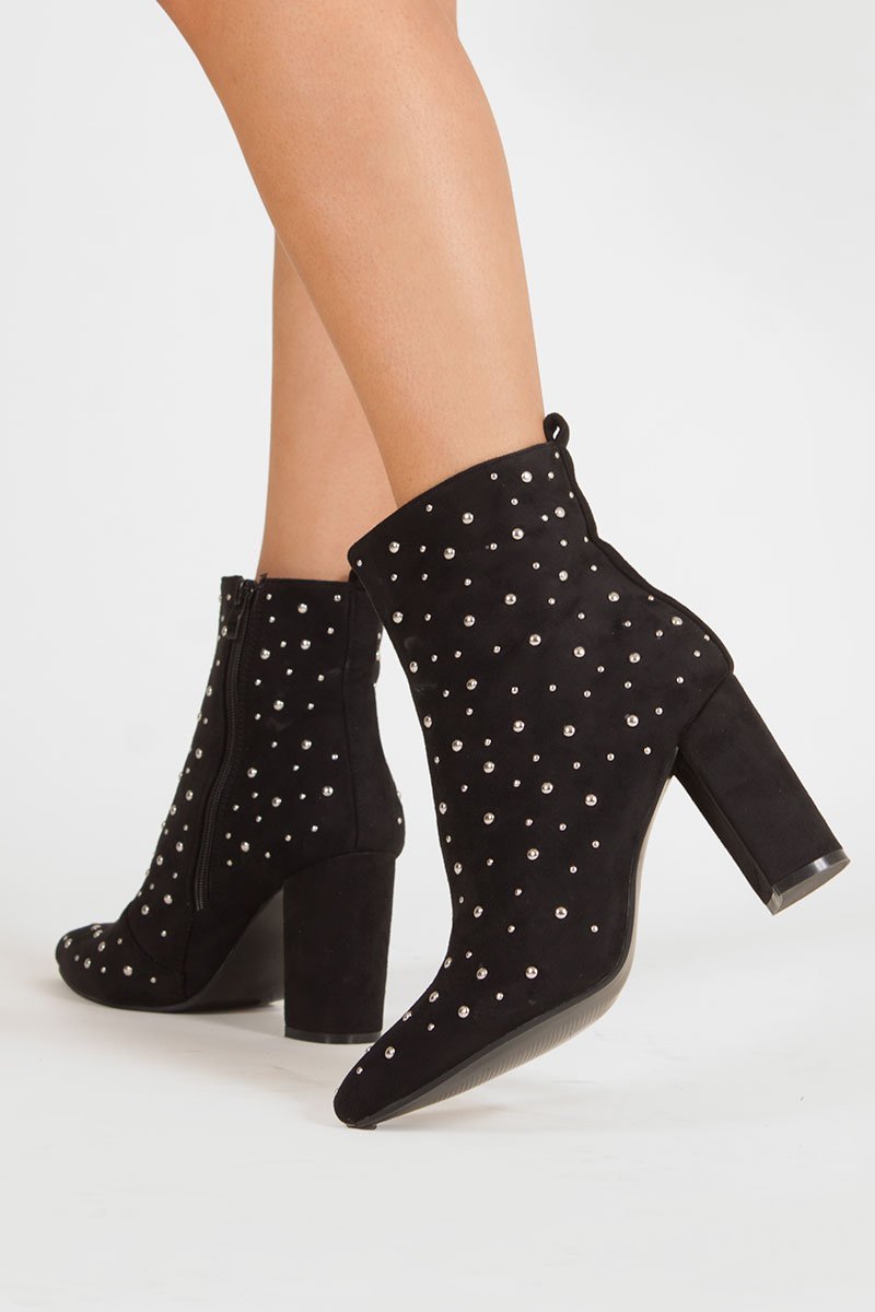 Fleur Black Faux Suede Studded Heeled Ankle Boots