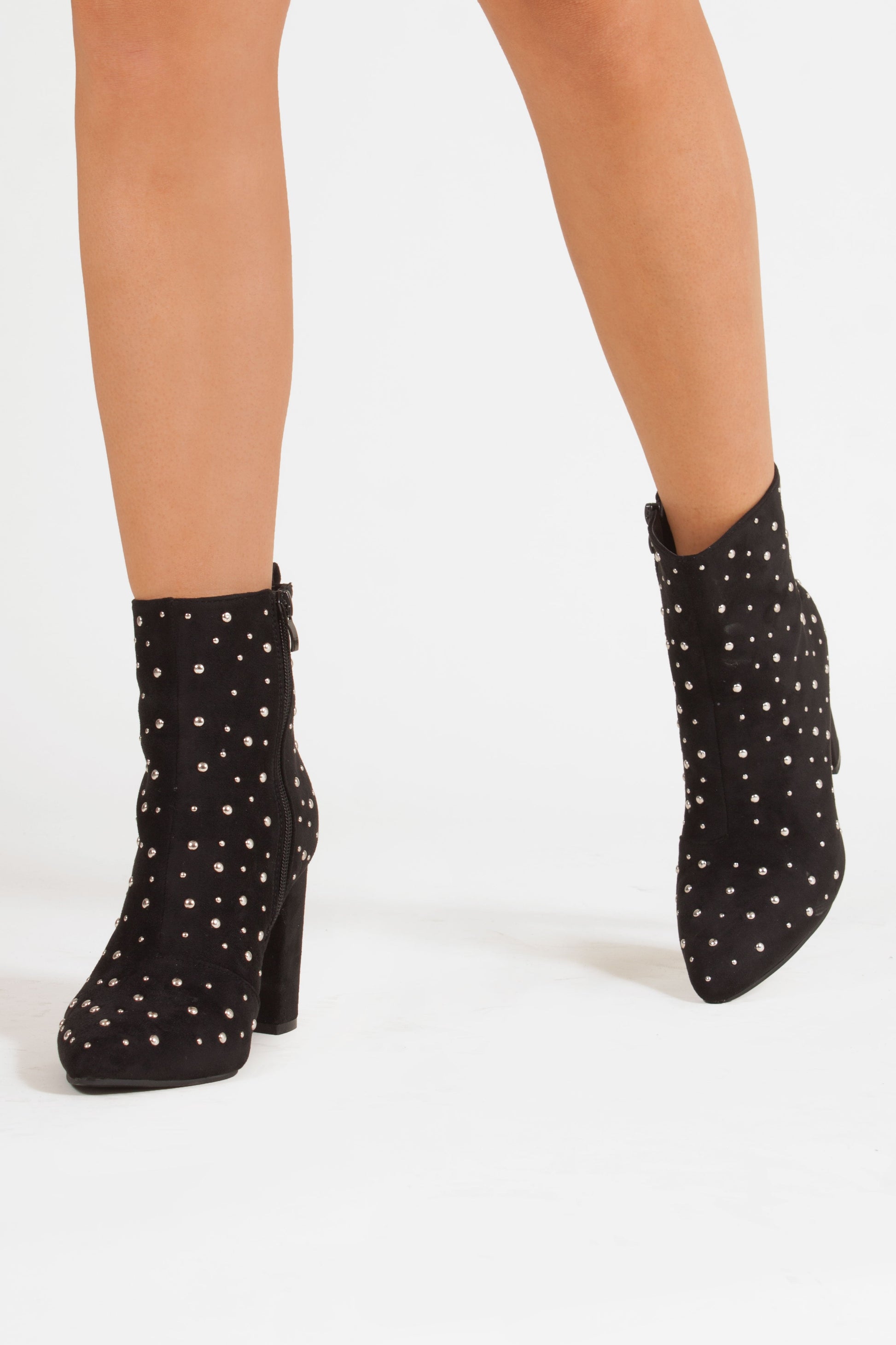 Fleur Black Faux Suede Studded Heeled Ankle Boots