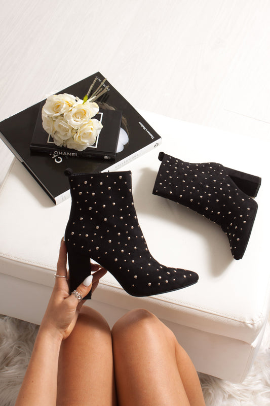 Fleur Black Faux Suede Studded Heeled Ankle Boots