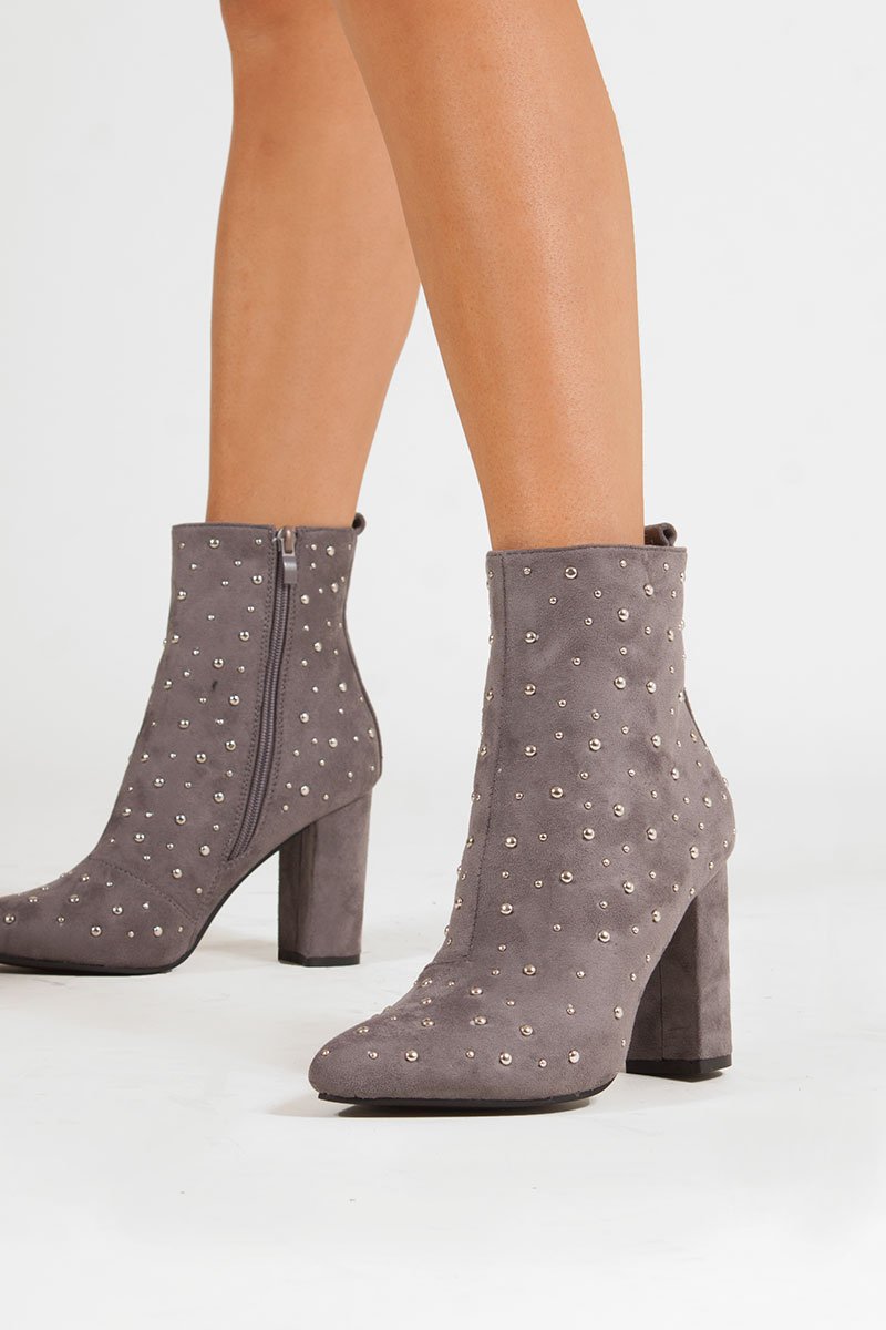 Fleur Grey Faux Suede Studded Heeled Ankle Boots