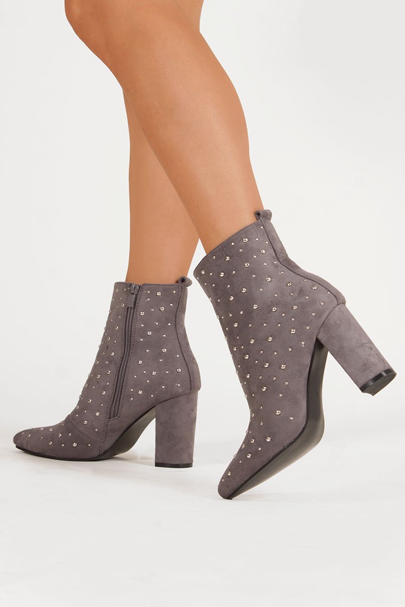 Fleur Grey Faux Suede Studded Heeled Ankle Boots