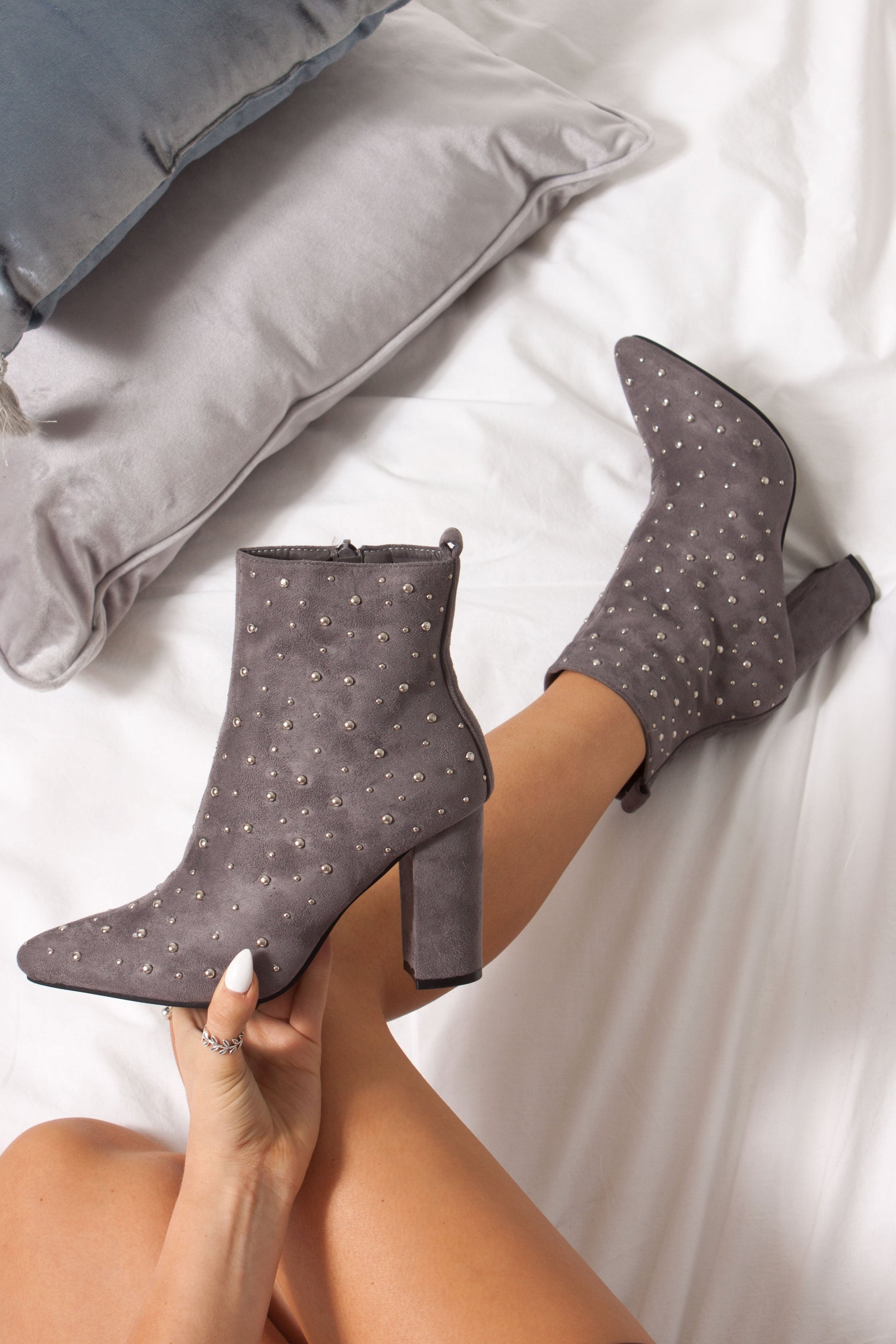 Fleur Grey Faux Suede Studded Heeled Ankle Boots