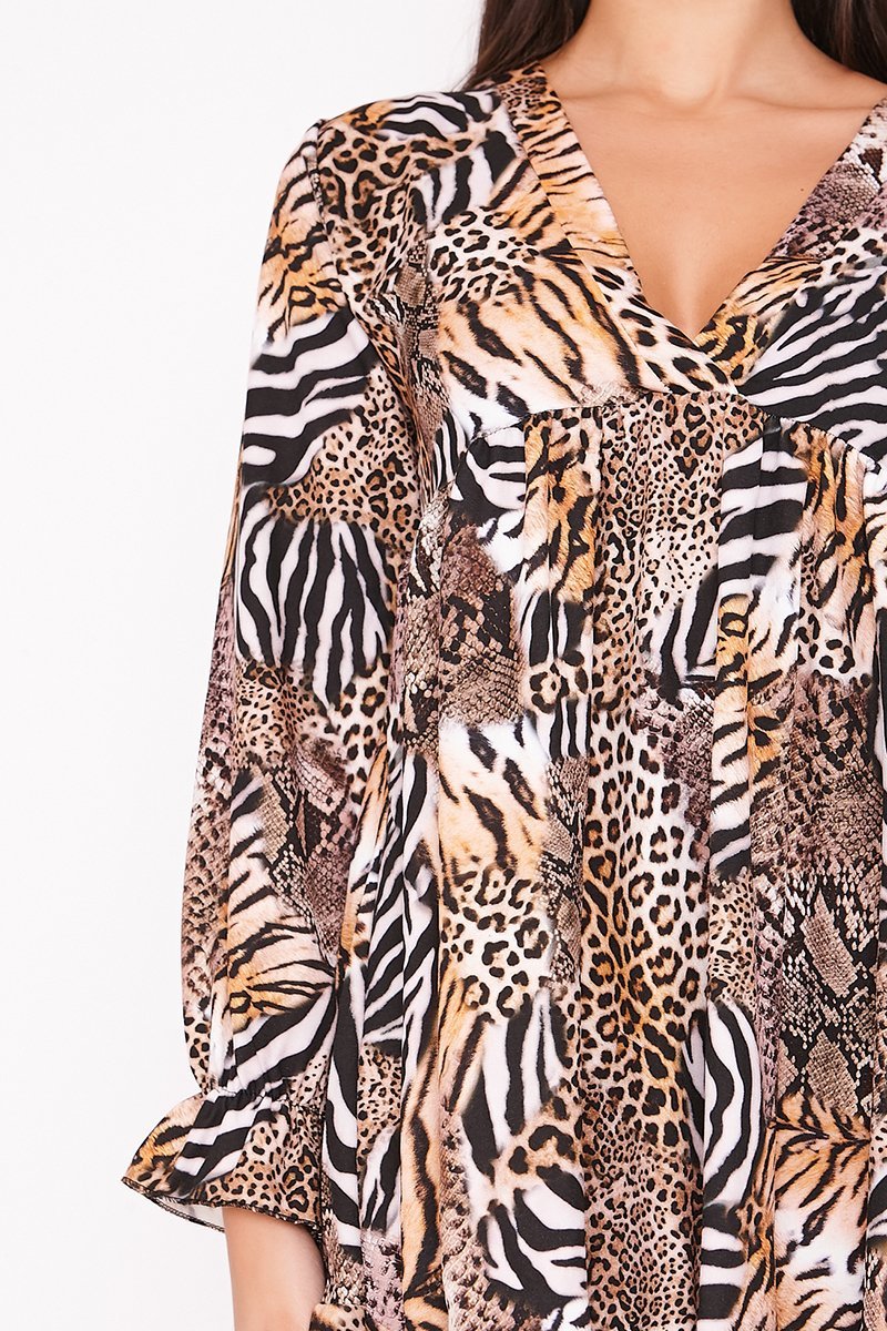 Flo Animal Print V Neck Frill Hem Smock Dress