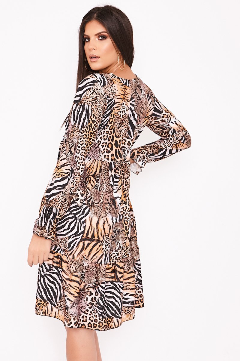 Flo Animal Print V Neck Frill Hem Smock Dress