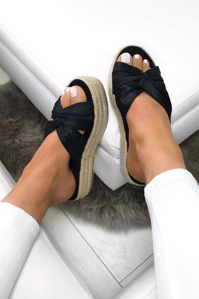 Florence Black Satin Bow Espadrille Flatforms