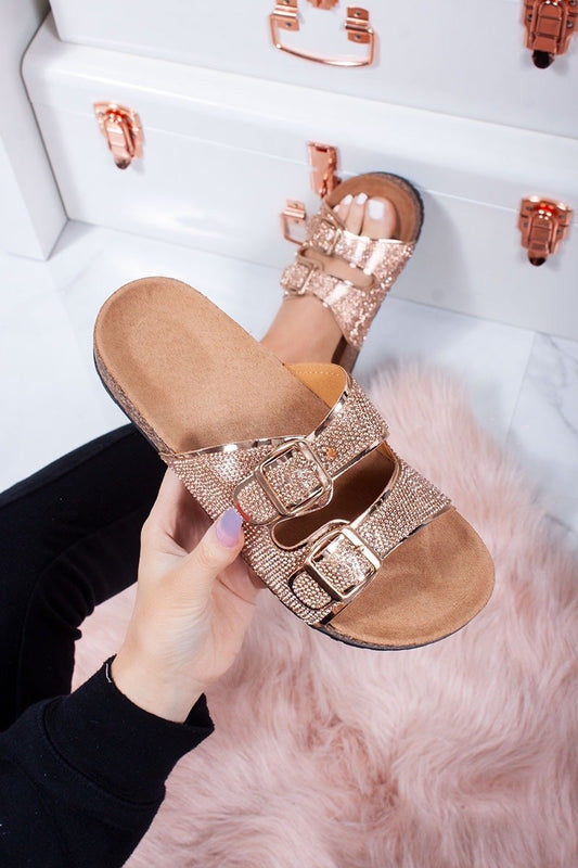 Freya Rose Gold Diamante Double Buckle Strap Mule Sandals