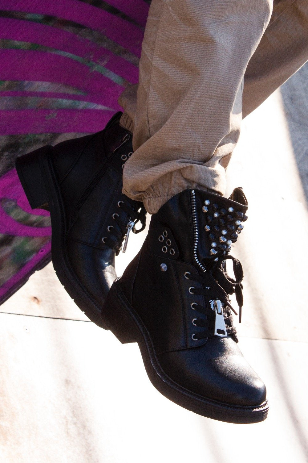 Gabby Black Pearl Embellished Lace Front Ankle Boots