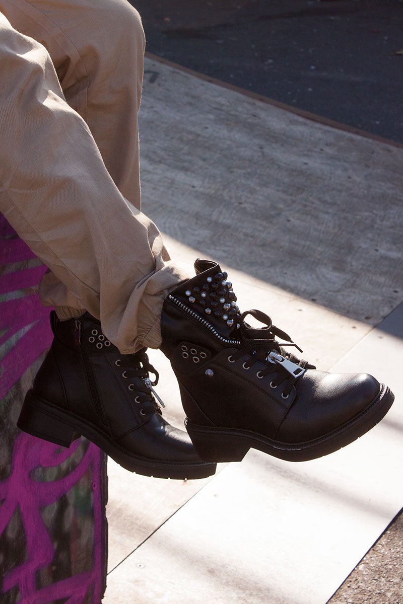 Gabby Black Pearl Embellished Lace Front Ankle Boots