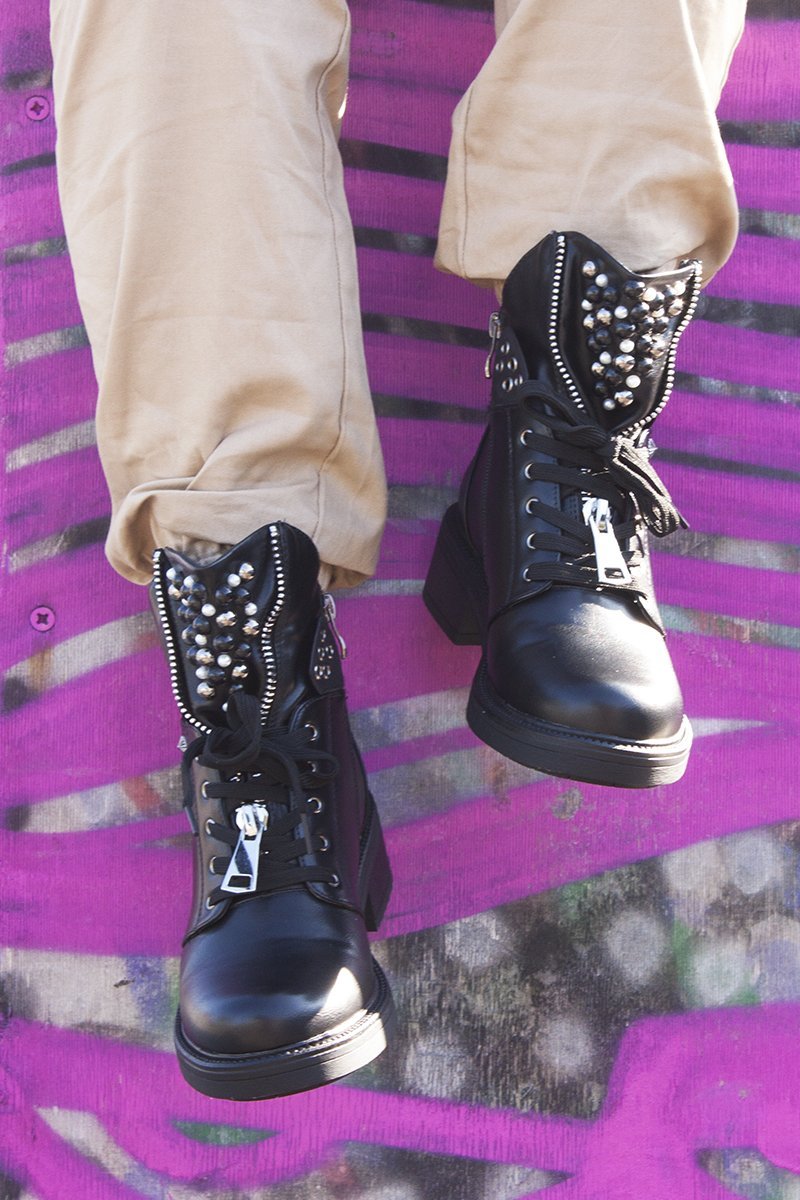 Gabby Black Pearl Embellished Lace Front Ankle Boots