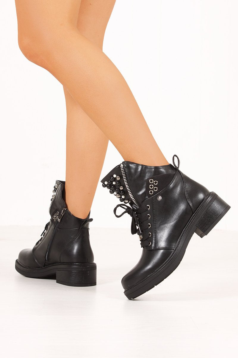 Gabby Black Pearl Embellished Lace Front Ankle Boots