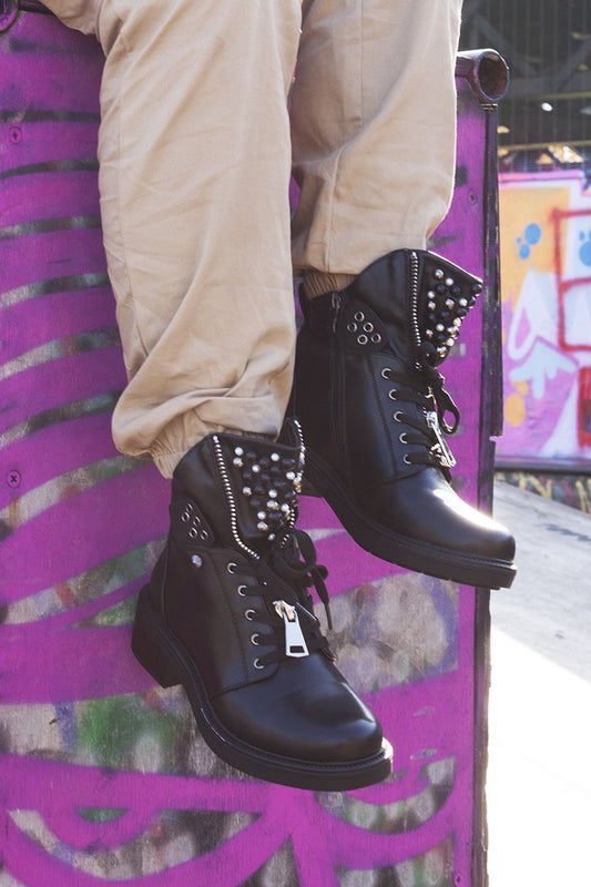 Gabby Black Pearl Embellished Lace Front Ankle Boots