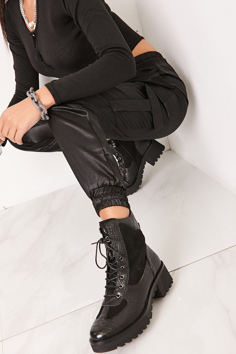 Gabby Black Satin Pocket Detail Cargo Joggers