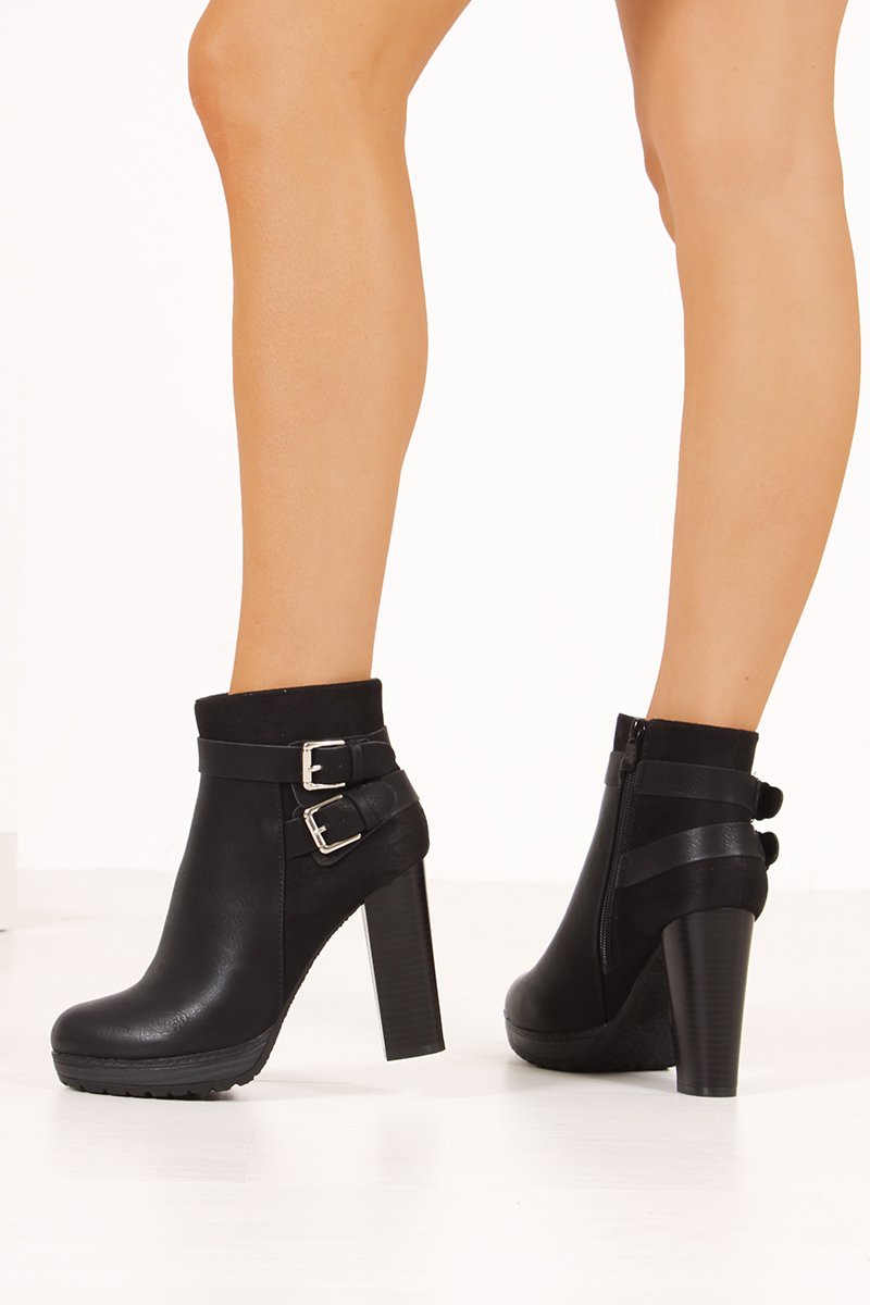 Gina Black Buckle Strap Block Heel Boots