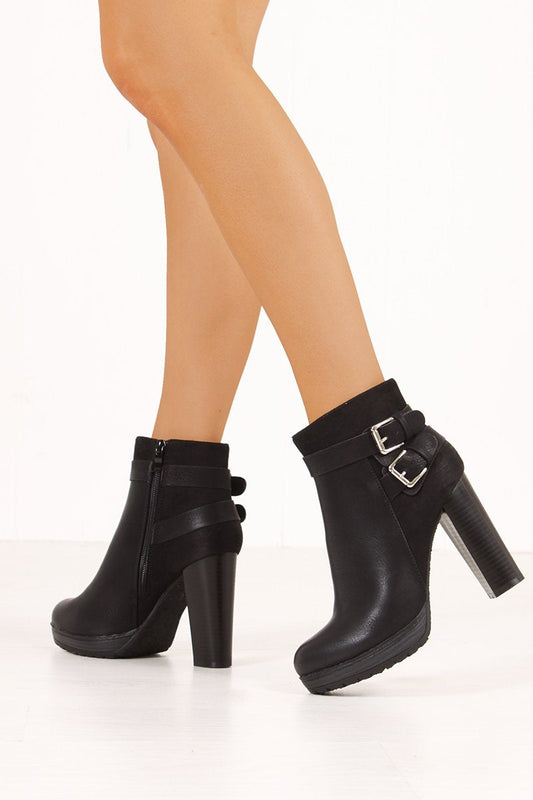 Gina Black Buckle Strap Block Heel Boots