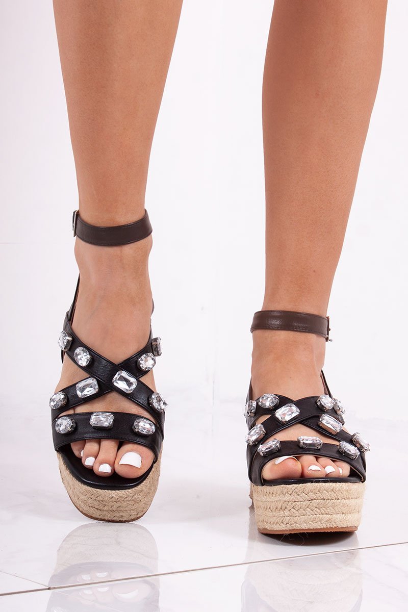 Gina Black Jewel Embellished Cross Strap Espadrille Flatform Sandals