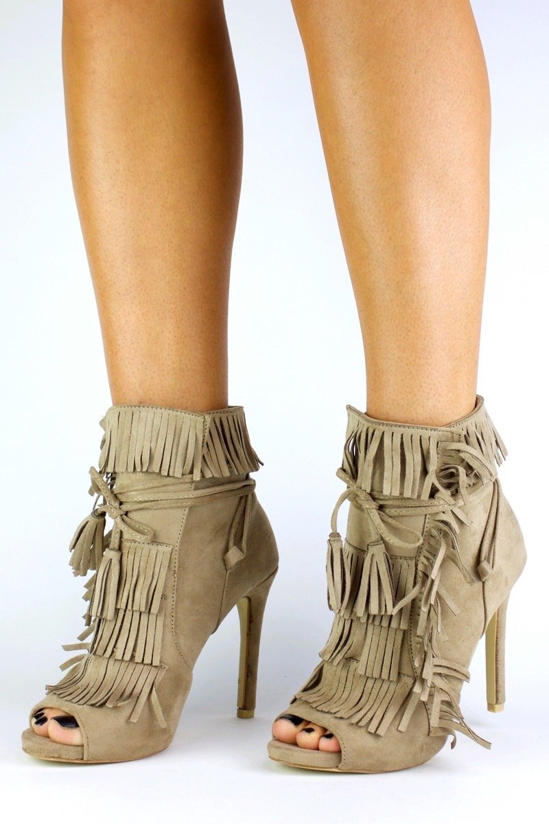 Giselle Beige Fringe Peep Toe Boots