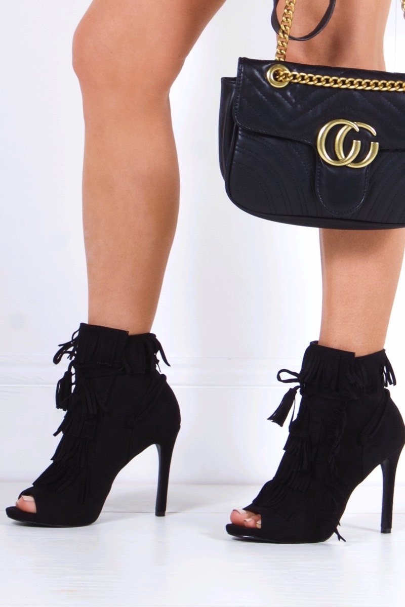 Giselle Black Fringed Peep Toe Boots