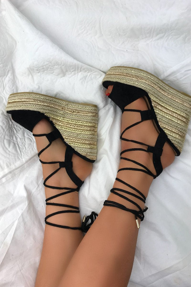 Giselle Black Wrap Up Espadrille Wedges