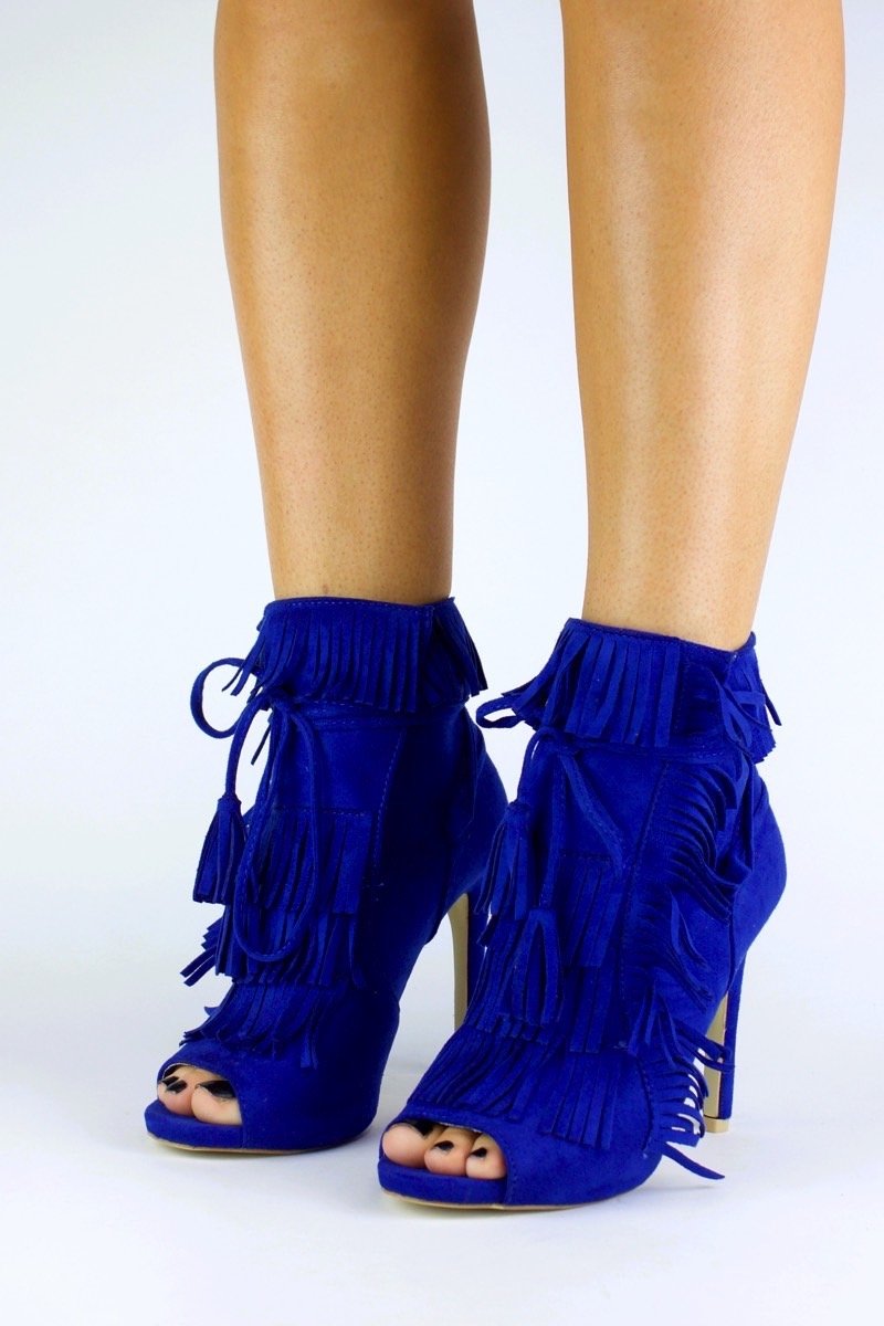 Giselle Blue Fringe Peep Toe Boots