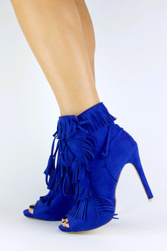 Giselle Blue Fringe Peep Toe Boots