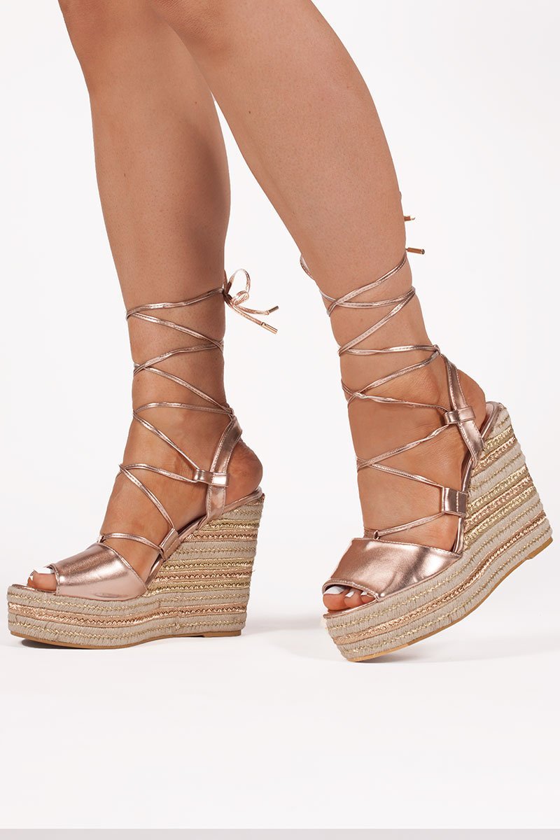 Giselle Rose Gold Wrap Up Espadrille Wedges