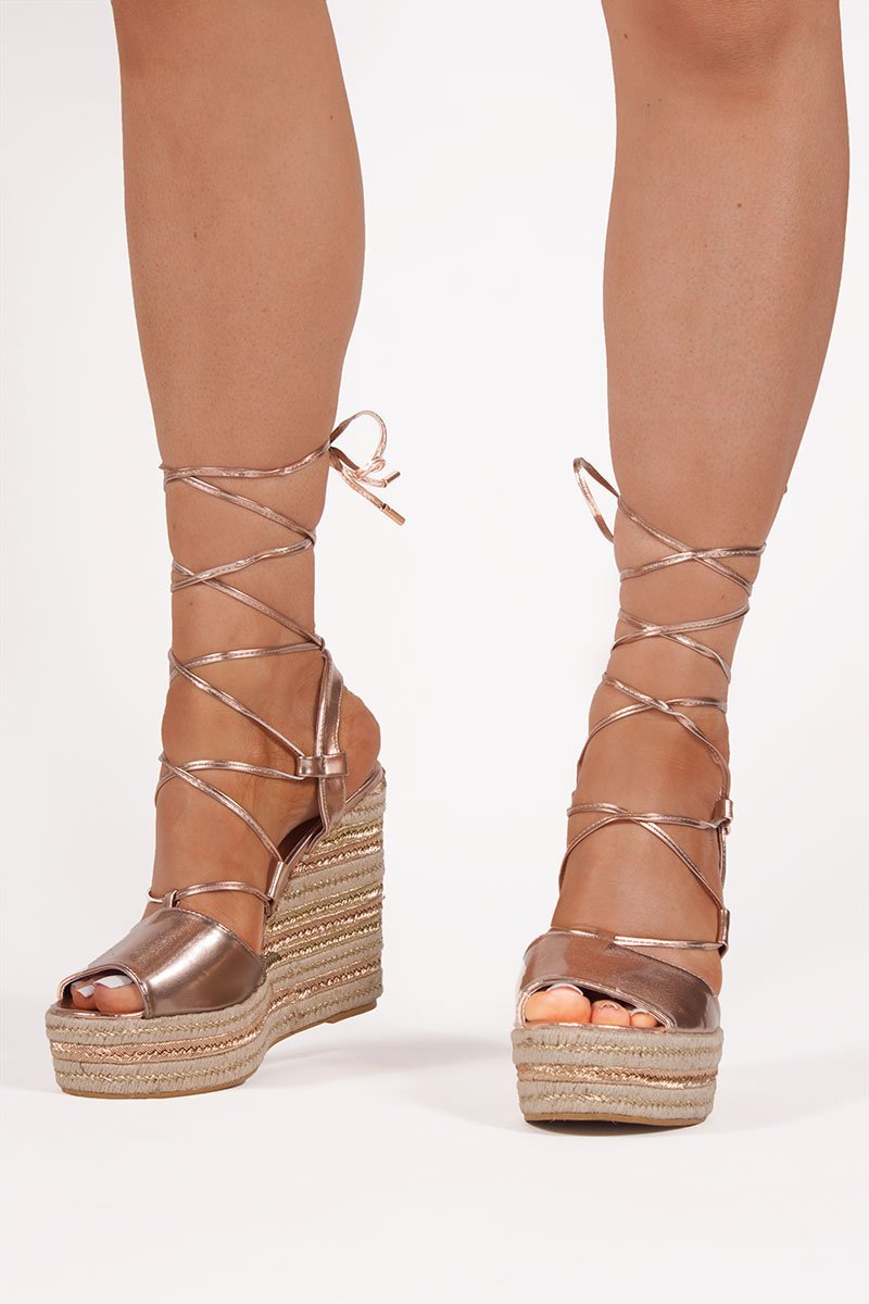 Giselle Rose Gold Wrap Up Espadrille Wedges