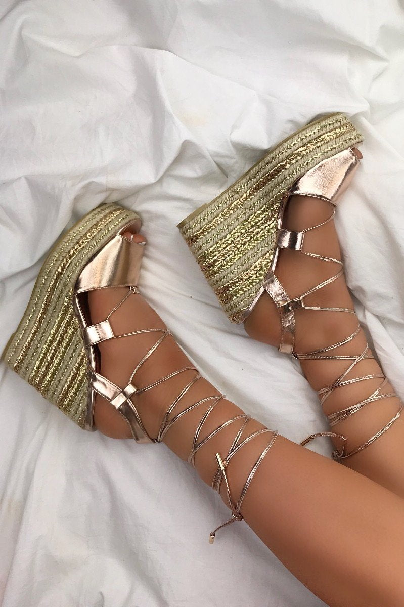 Giselle Rose Gold Wrap Up Espadrille Wedges