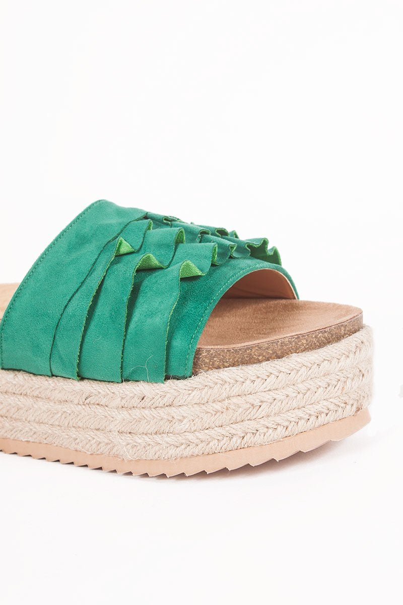 Grace Green Ruffle Strap Espadrille Flatforms