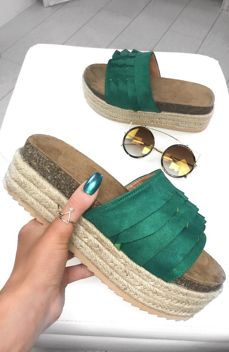 Grace Green Ruffle Strap Espadrille Flatforms