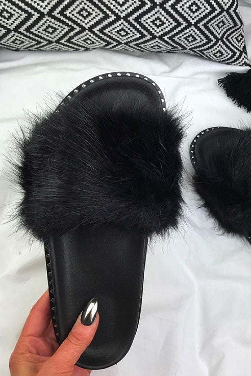 Gwen Black Fluffy Sliders With Silver Stud Detail