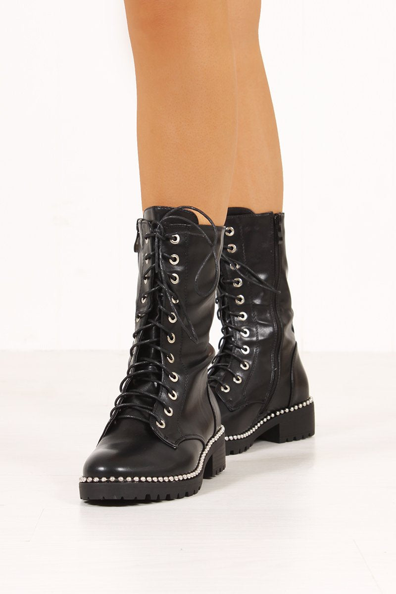 Hanna Black Silver Studded Lace Up Boots