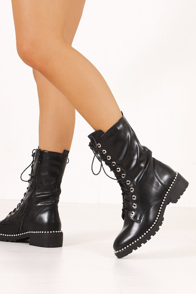 Hanna Black Silver Studded Lace Up Boots