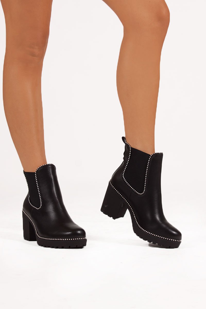 Harley Black Faux Leather Stud Heeled Ankle Boots