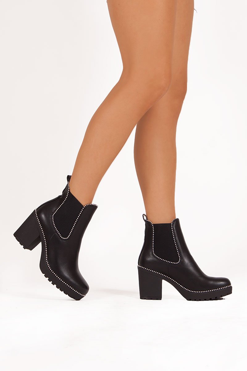 Harley Black Faux Leather Stud Heeled Ankle Boots