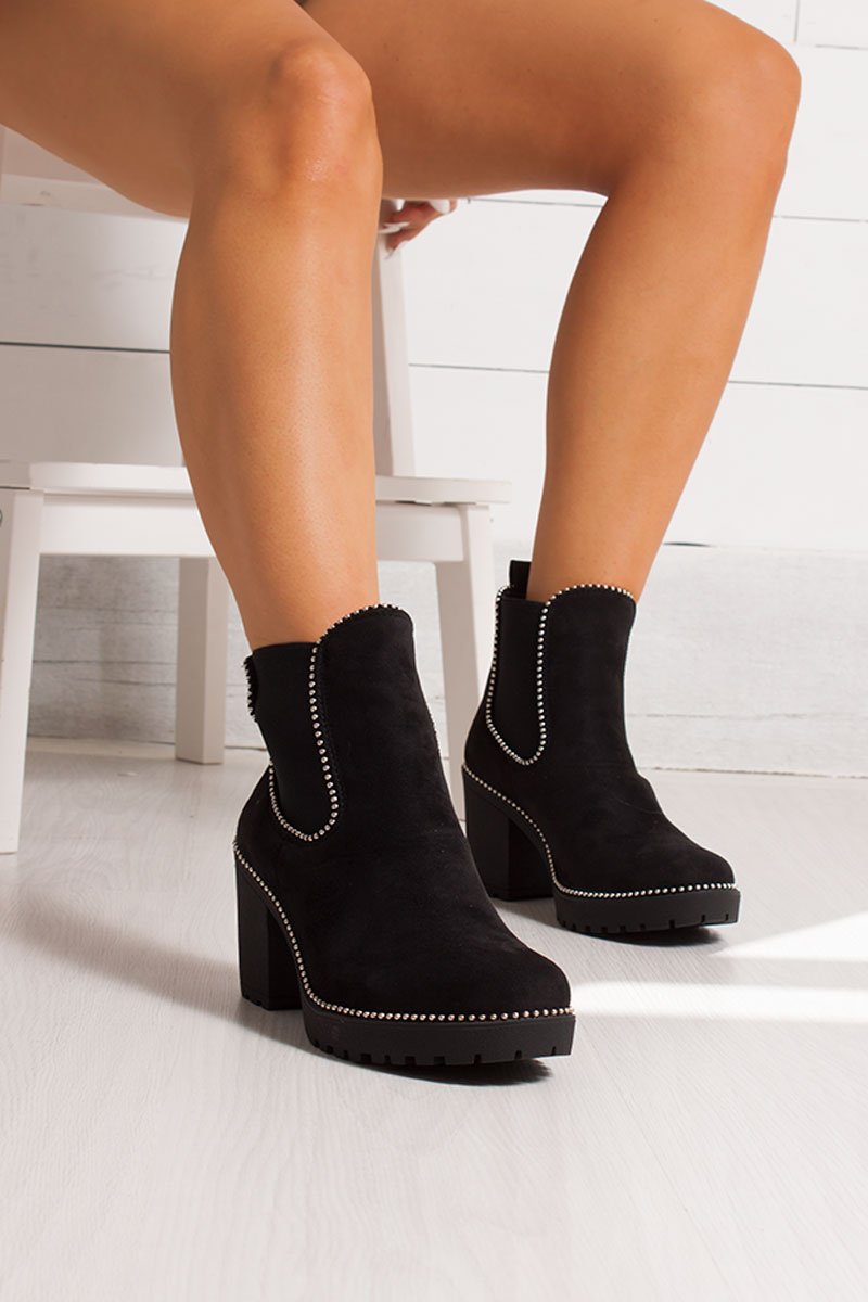 Harley Black Suede Stud Heeled Ankle Boots