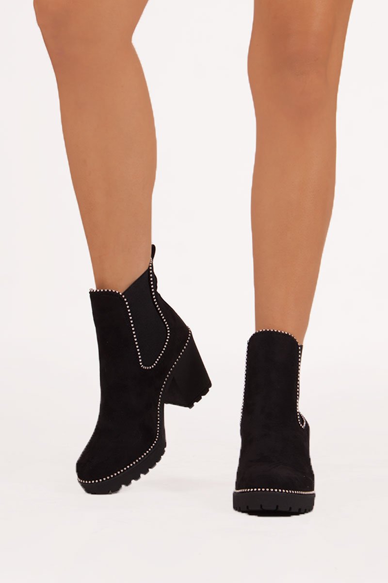 Harley Black Suede Stud Heeled Ankle Boots