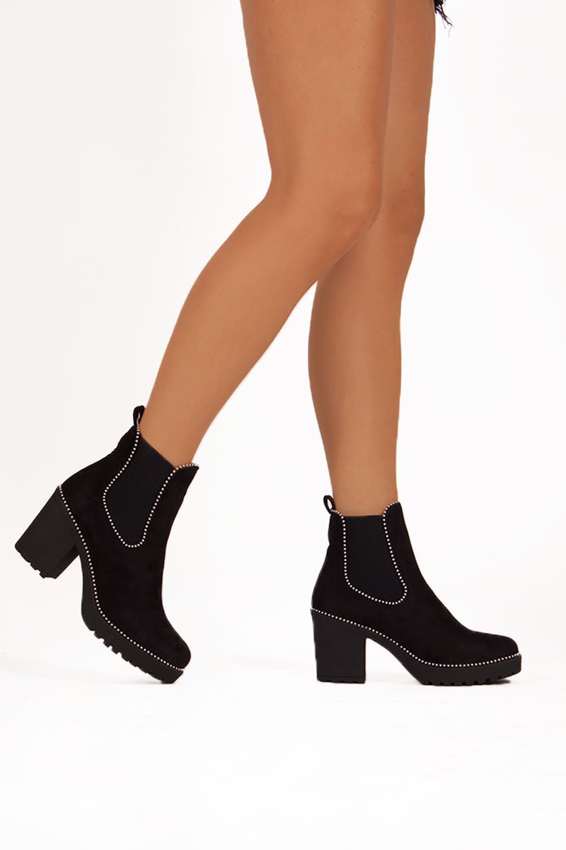 Harley Black Suede Stud Heeled Ankle Boots