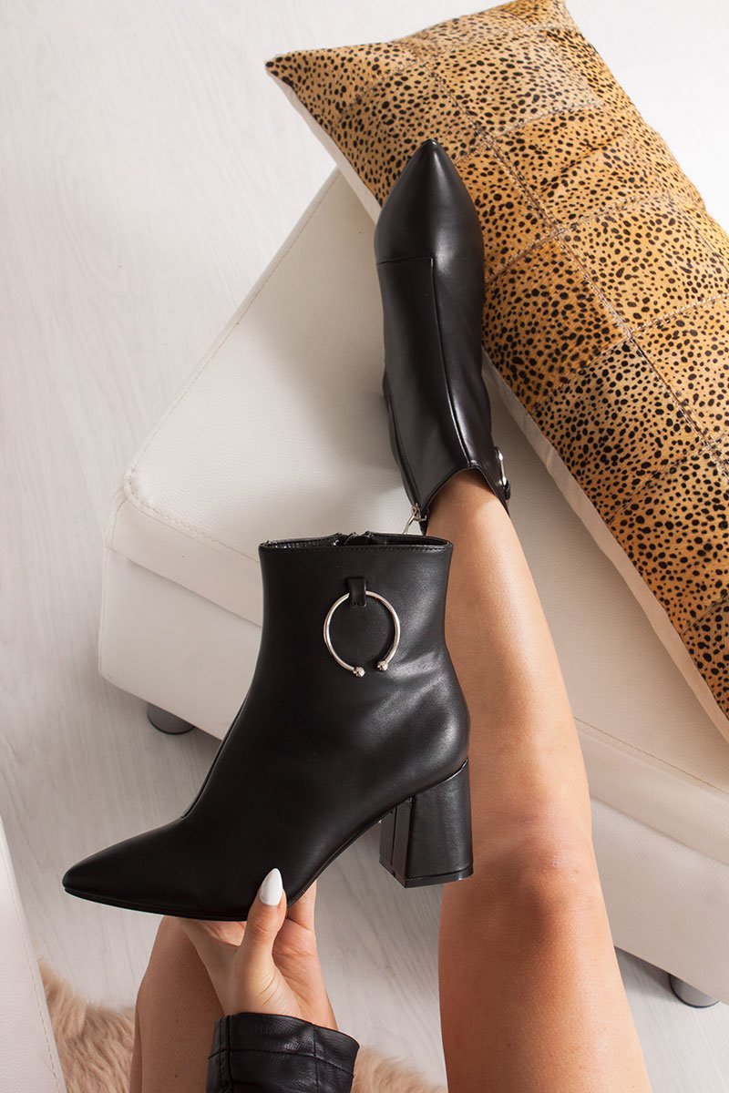 Hazel Black Faux Leather Ring Detail Ankle Boots