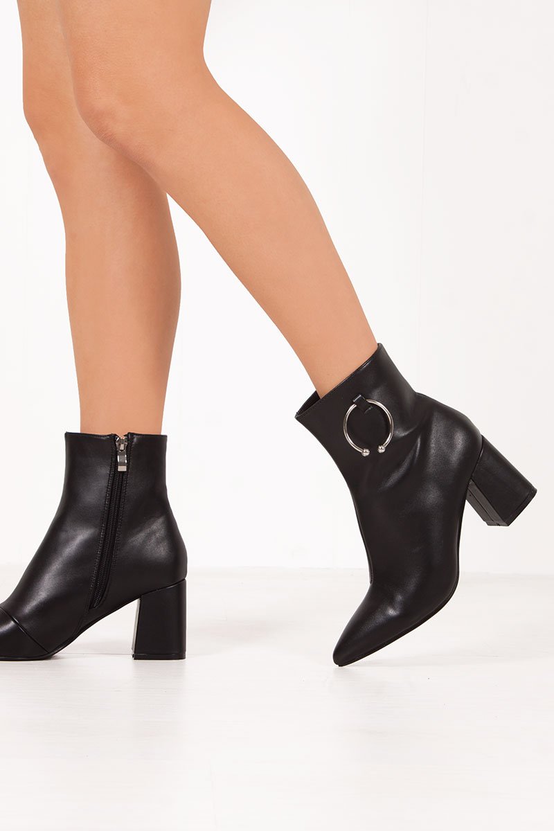 Hazel Black Faux Leather Ring Detail Ankle Boots