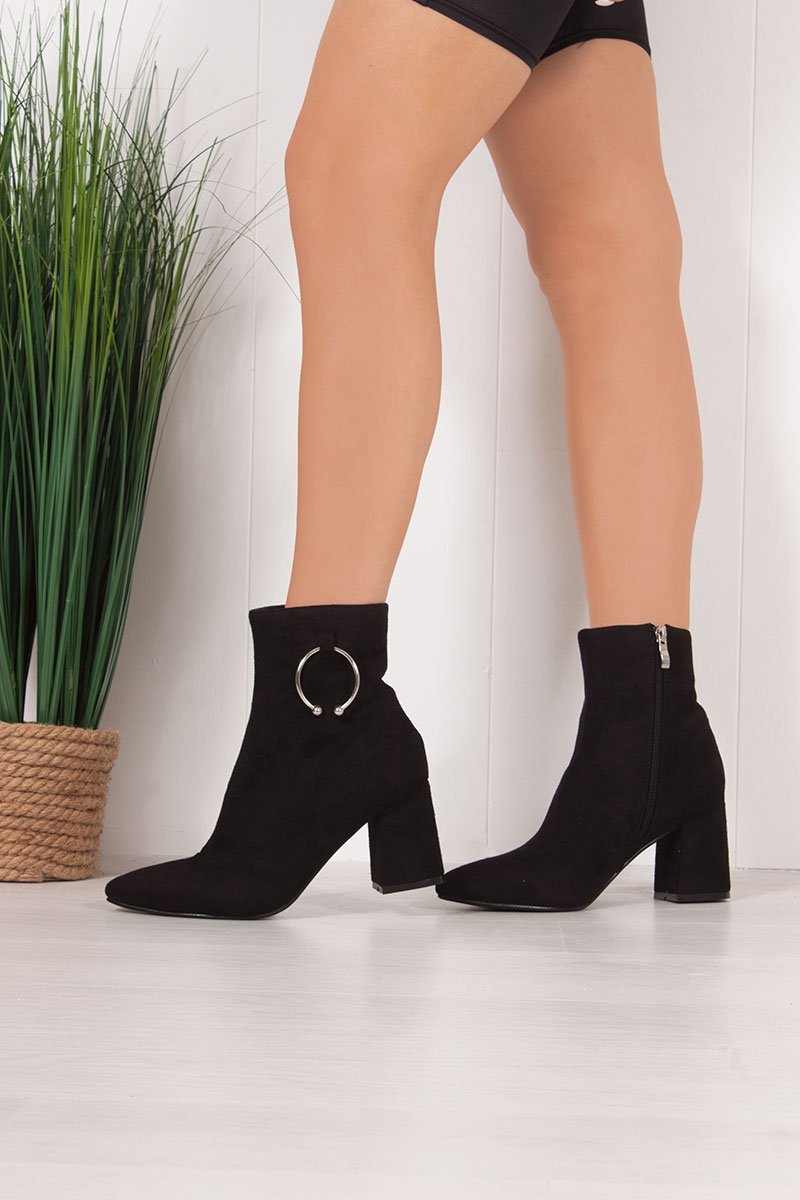 Hazel Black Faux Suede Ring Detail Ankle Boots