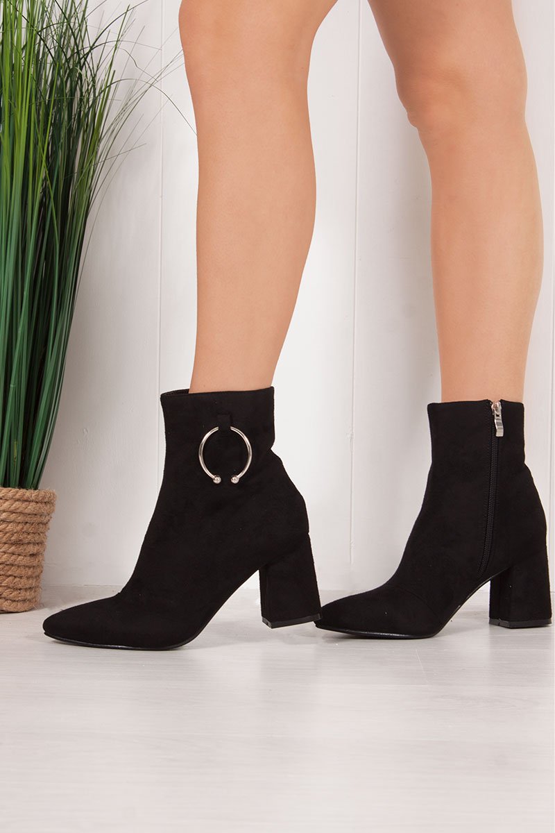 Hazel Black Faux Suede Ring Detail Ankle Boots