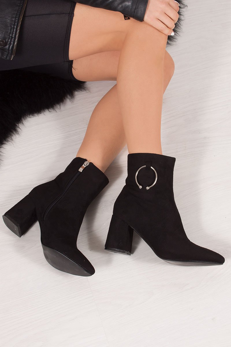 Hazel Black Faux Suede Ring Detail Ankle Boots