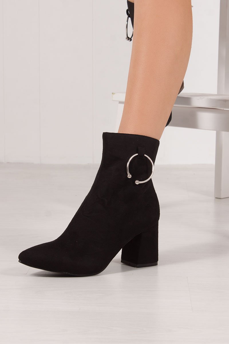 Hazel Black Faux Suede Ring Detail Ankle Boots